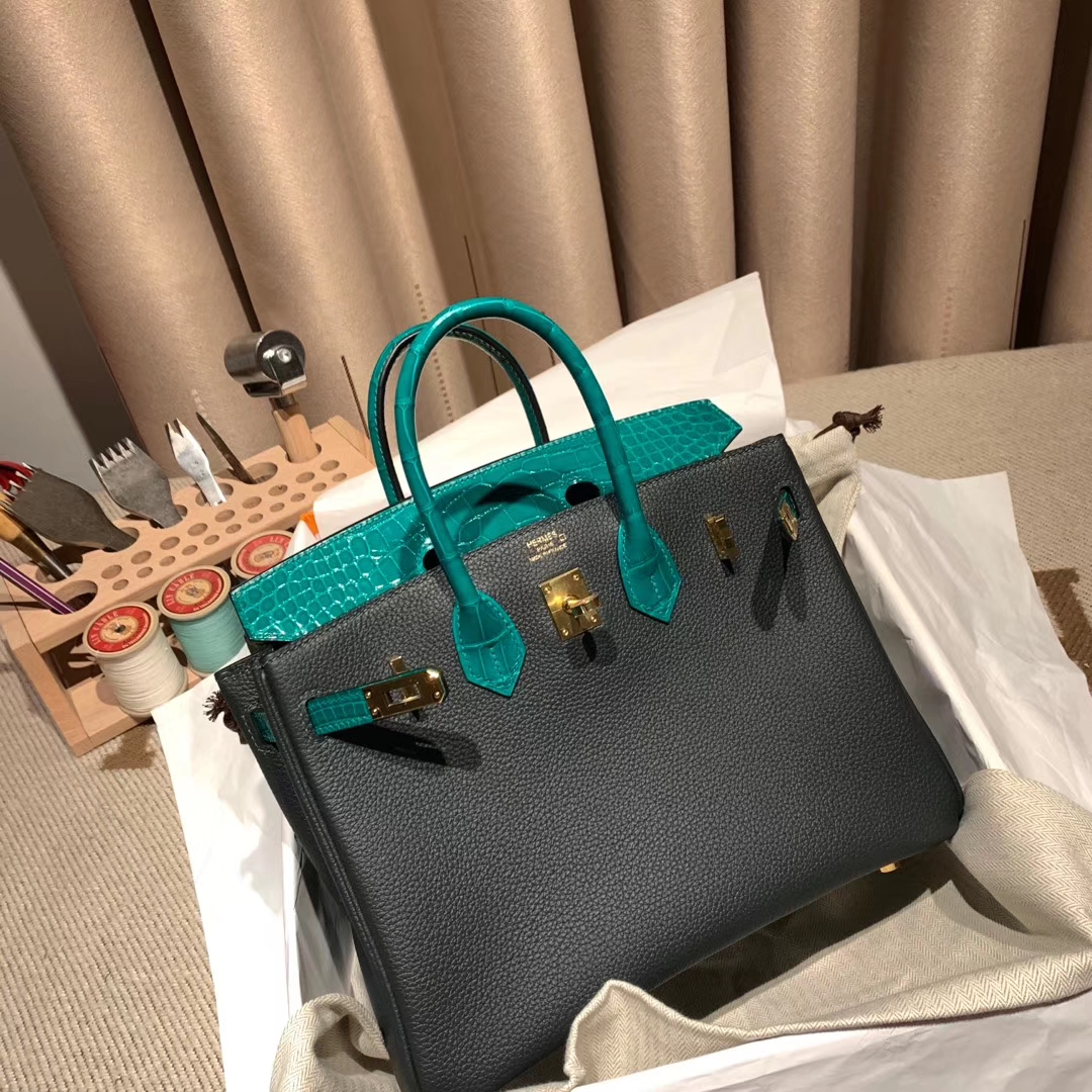 爱马仕铂金包 birkin touch 25cm 6o松柏绿拼6q翡翠绿