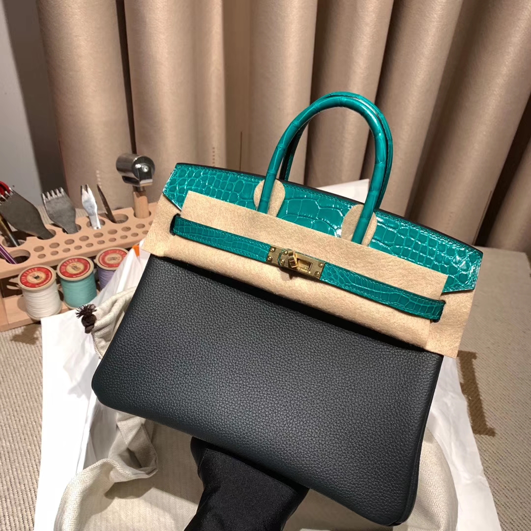 爱马仕铂金包 birkin touch 25cm 6o松柏绿拼6q翡翠绿