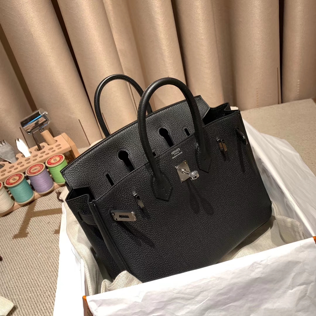 愛馬仕包包 birkin 25cm togo 89黑色 銀扣